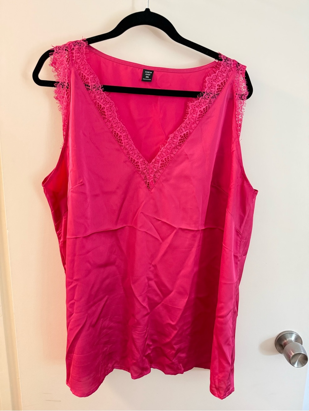 SHEIN Hot Pink Lace-Trim Satin Tank